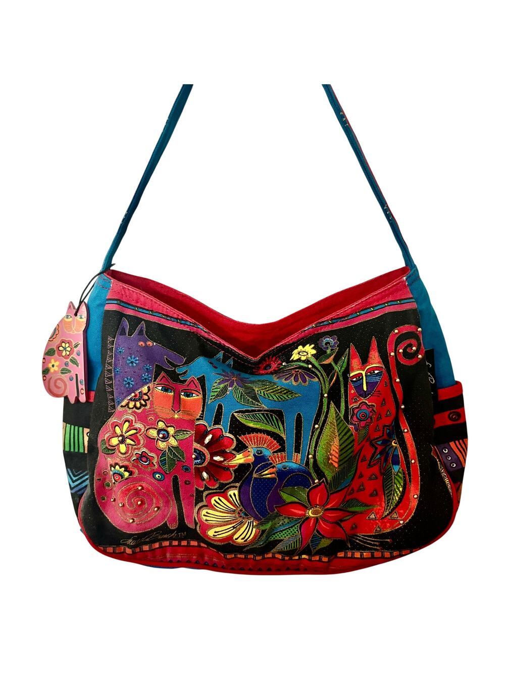 Vintage 80's Laurel Burch Iconic Studded Cat Floral Handbag Tote Shoulder Bag